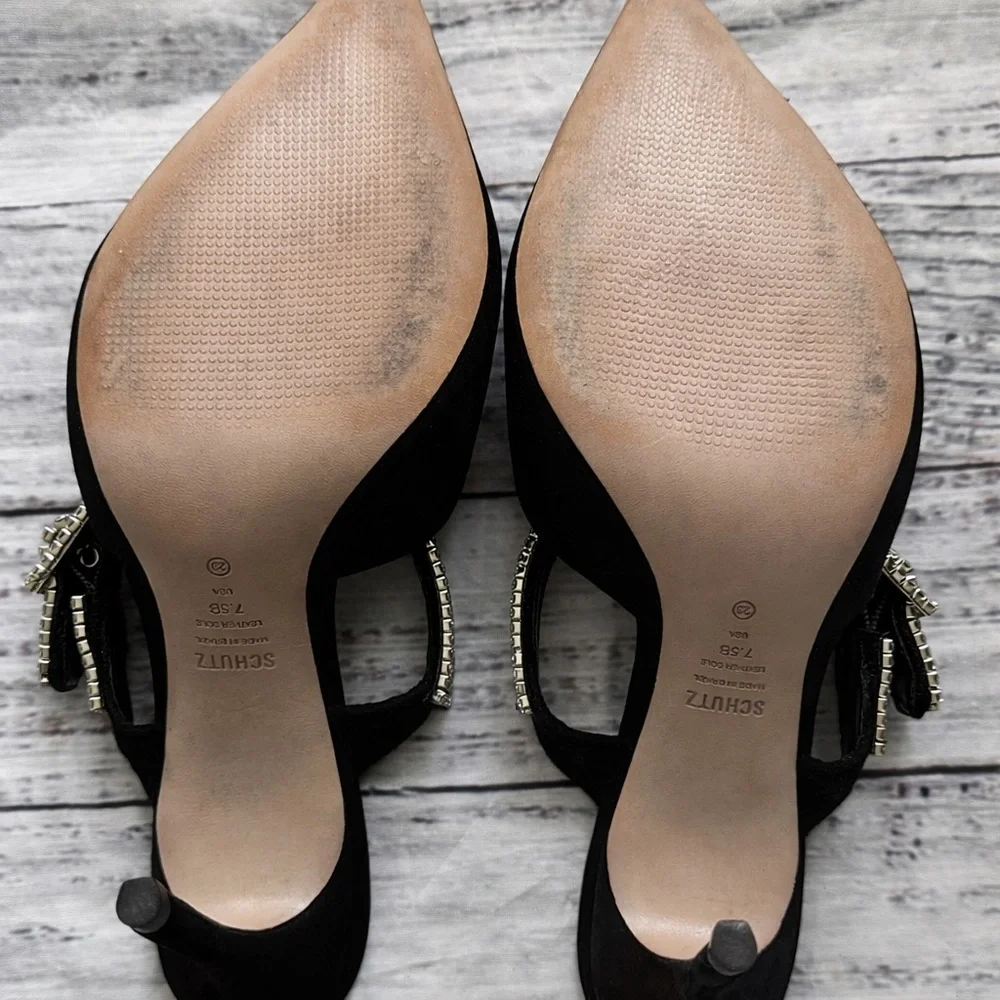 Schutz Tishara Rhinestone Buckle Mule Heels Black Suede Pointed Toe Size 7.5 - Picture 7 of 7